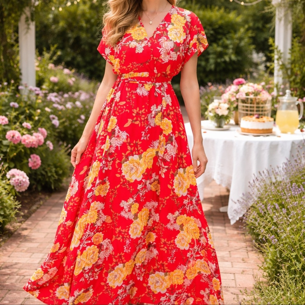 Red Floral Faux Wrap Maxi Dress by MEGHAN LA